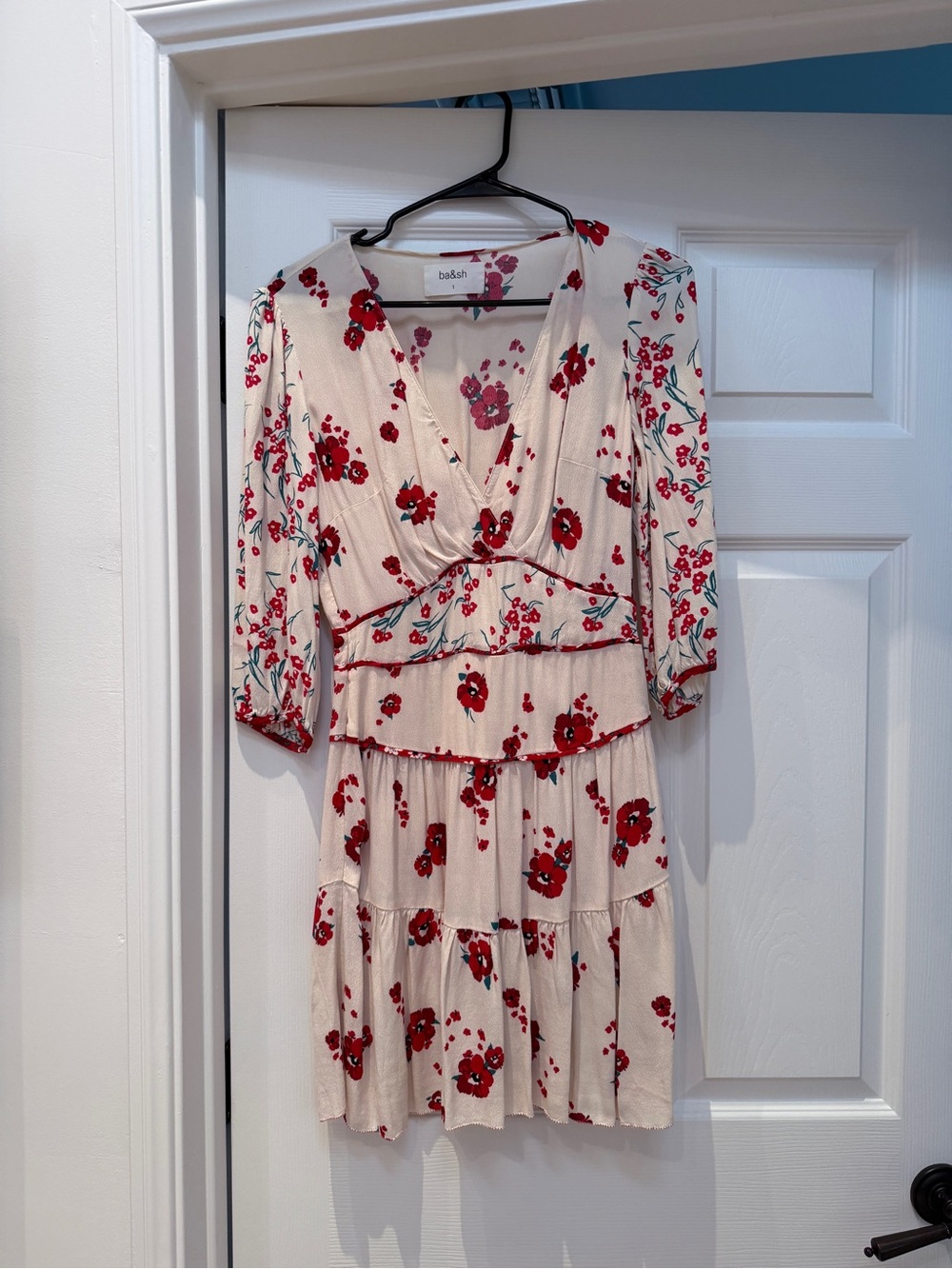 ba&sh Cream Mini Dress with Red Floral Print